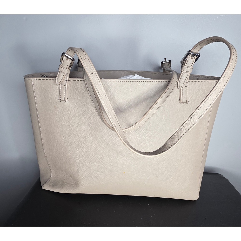 Tory Burch Emerson Saffiano Leather Tote Bag Beige Shoulder Bag Silver Hardware - Picture 3 of 8